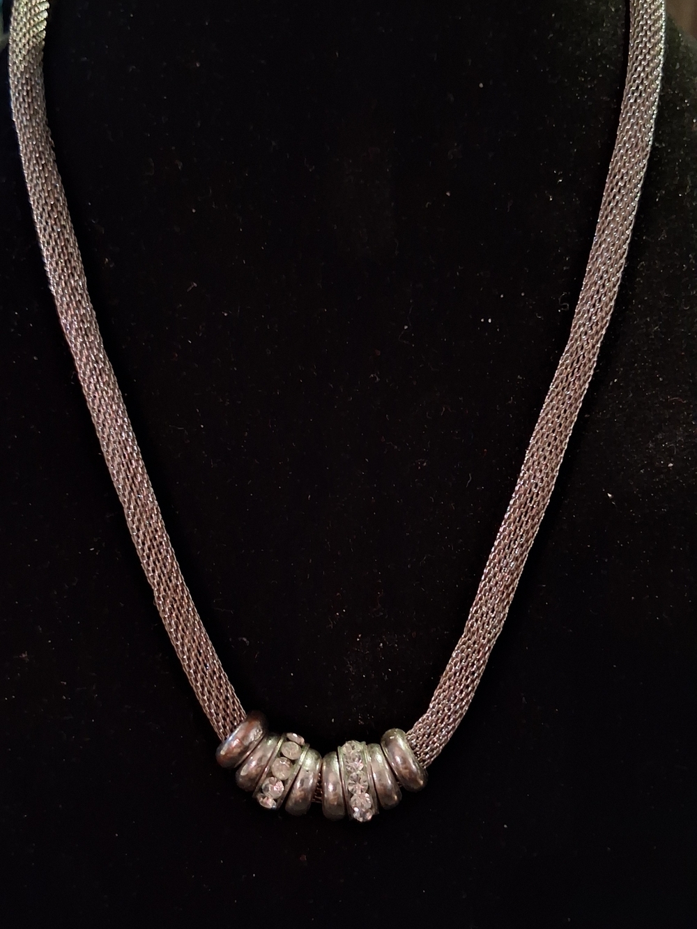 Vintage Silver Mesh Necklace with Rhinestone Accents